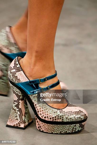 Shoe detail at the runway during Mary Katrantzou show at the London Fashion Week February 2017 collections on February 19, 2017 in London, England.