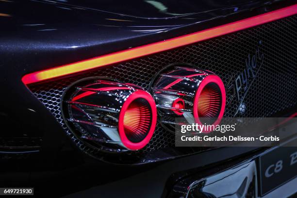 Detail of he Spyker C8 Preliator Spyder on display during the second press day of the Geneva Motor Show 2017 at the Geneva Palexpo on March 8, 2017...