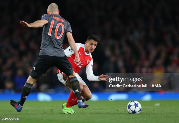 Alexis Sanchez of Arsenal and Arjen Robben of Bayern Munich during the UEFA Champions League Round of 16 second leg match between Arsenal FC and FC...