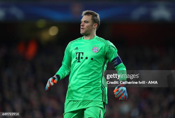 Bayern Munich goalkeeper Manuel Neuer during the UEFA Champions League Round of 16 second leg match between Arsenal FC and FC Bayern Muenchen at...