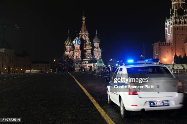 Police drives through Red Square in Moscow on March 7, 2017 in Moscow, Russia. Relations between the United States and Russia are at their lowest...