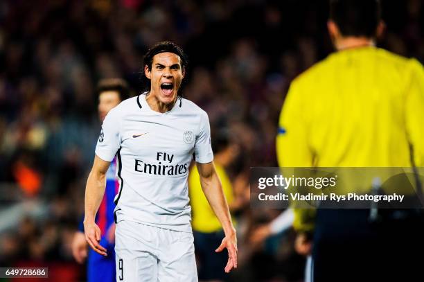 Edinson Cavani of PSG gestures towards the goal referee during the UEFA Champions League Round of 16 second leg match between FC Barcelona and Paris...