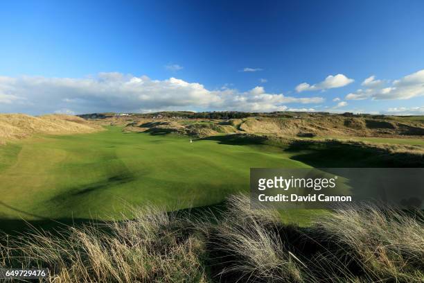View from behind the green of the new 572 yards par 5, seventh hole designed by Martin Ebert on the Dunluce Course at Royal Portrush Golf Club the...