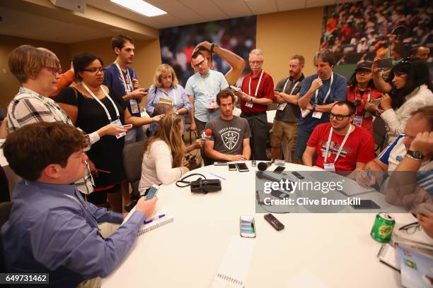 Andy Murray of Great Britain answers questions from the worlds media at the ATP Tour all access hour during day three of the BNP Paribas Open at...