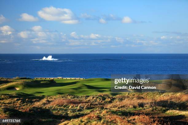 Polarising filter used in this image: A view of the green on the 403 yards par 4, fifth hole on the Dunluce Course at Royal Portrush Golf Club the...