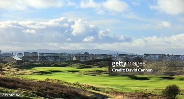 Polarising filter used in this image: A view of the 465 yards par 4, 18th hole on the Dunluce Course at Royal Portrush Golf Club the host club for...