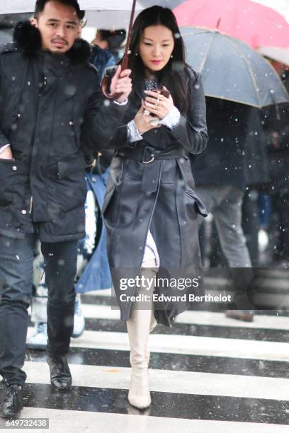 Tina Leung is seen, outside the Comme des Garcons show, during Paris Fashion Week Womenswear Fall/Winter 2017/2018, on March 4, 2017 in Paris, France.