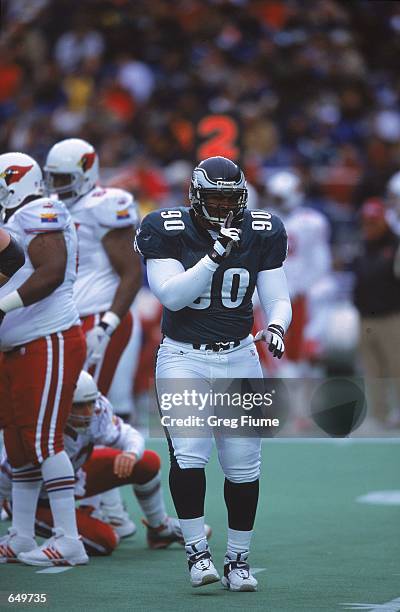 Corey Simon of the Philadelphia Eagles looks on from the field during the game against the Arizona Cardinals at the Veterans Stadium in Philadelphia,...