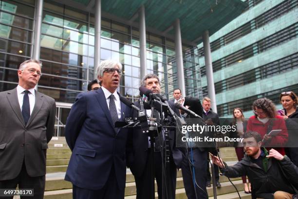 Attorney's Theodore J. Boutrous, Jr. , Luis A. Cortes Romero and Mark Rosenbaum speak to the press outside the courthouse where U.S. District Court...