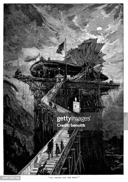 all aboard for the moon - boarding bridge stock illustrations