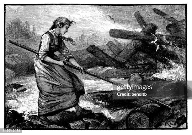 woman log driving on river - log driver canada stock illustrations