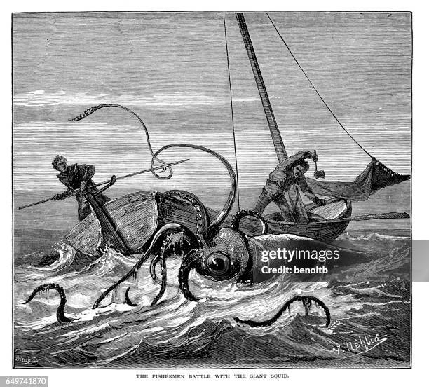 fischer-kampf mit dem riesenkalmar - kalamar stock-grafiken, -clipart, -cartoons und -symbole