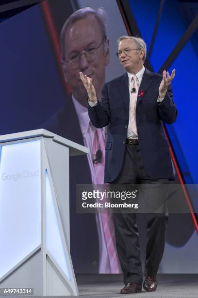 Eric Schmidt, chairman of Google Inc., speaks during the Google Inc. Cloud Next '17 event in San Francisco, California, U.S., on Wednesday, March 8,...