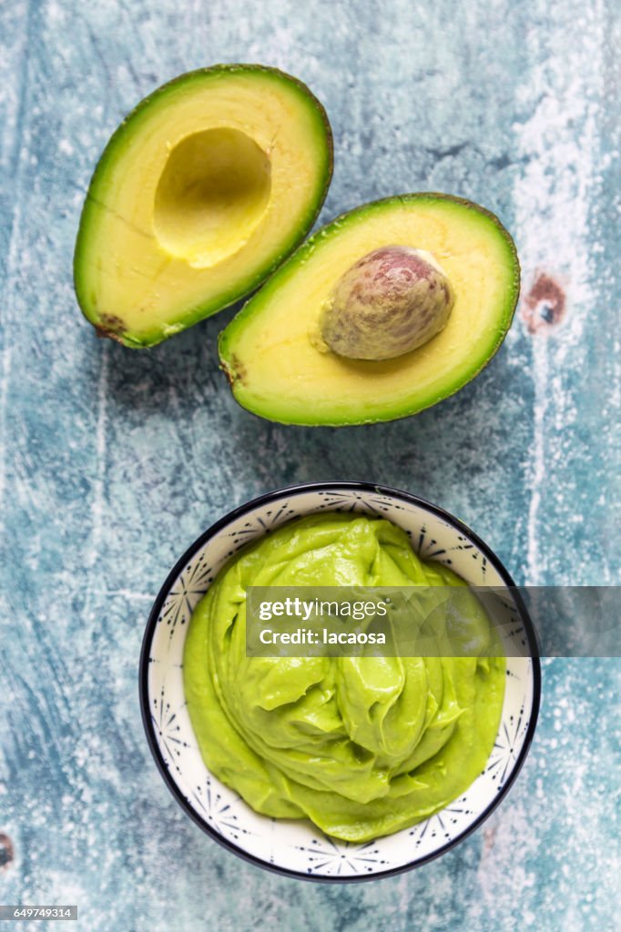 Bowl of guacamole and sliced avocado