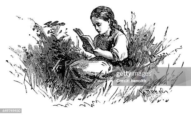reading in the field - girl reading stock illustrations
