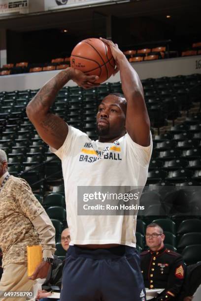 Aaron Brooks of the Indiana Pacers warms up before the game against the Detroit Pistons on March 8, 2017 at Bankers Life Fieldhouse in Indianapolis,...