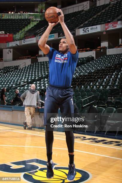 Tobias Harris of the Detroit Pistons warms up before the game against the Indiana Pacers on March 8, 2017 at Bankers Life Fieldhouse in Indianapolis,...