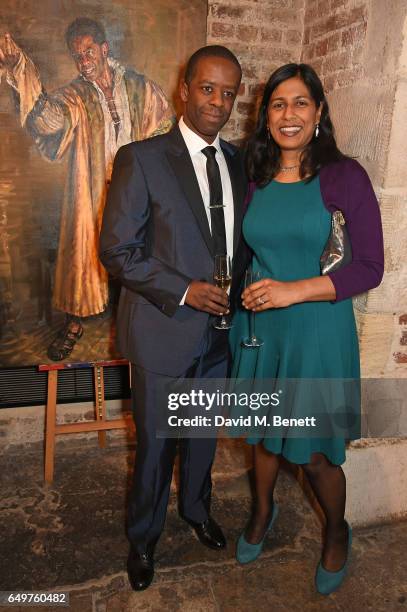 Adrian Lester and Lolita Chakrabarti attend the St Martin-in-the-Fields Gala Dinner and auction of Alexander Newley portraits on March 8, 2017 in...