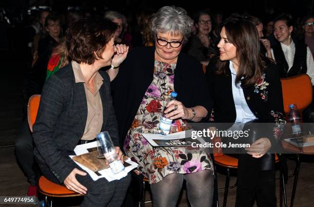 Minister for Equality Karen Ellemann, director Suzanne Moll and Crown Princess Mary of Denmark speak before the show begins at The International...