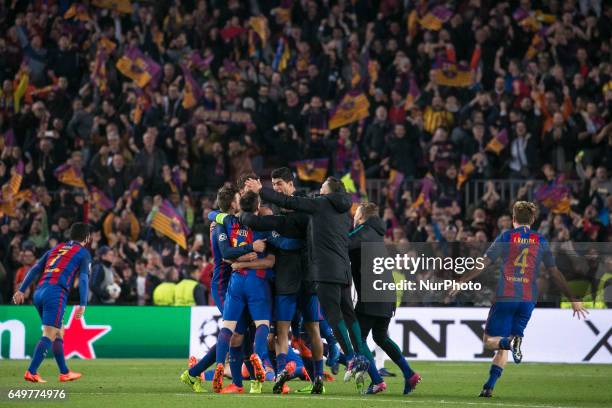 Barcelona players celebration at the end of the match UEFA Champions League between F.C. Barcelona v PSG, in Barcelona, on march 08, 2017.