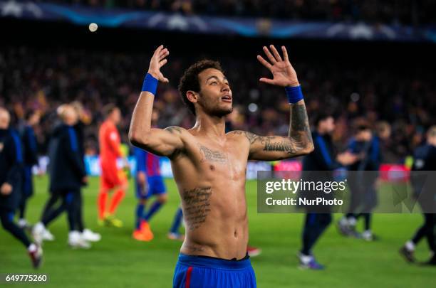 Neymar Jr. Celebration at the end of the UEFA Champions League match between F.C. Barcelona v PSG, in Barcelona, on march 08, 2017.