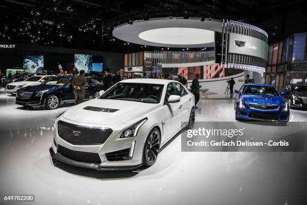 The Cadillac CTS-V on display during the second press day of the Geneva Motor Show 2017 at the Geneva Palexpo on March 8, 2017 in Geneva, Switzerland.