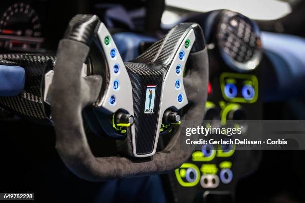 The Scuderia Cameron Glickenhaus SCG003S steeringwheel as on display during the second press day of the Geneva Motor Show 2017 at the Geneva Palexpo...