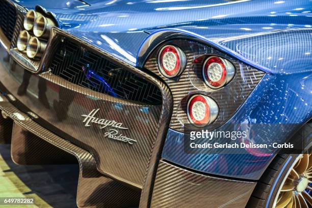 The Pagani Huayra Roadster on display during the second press day of the Geneva Motor Show 2017 at the Geneva Palexpo on March 8, 2017 in Geneva,...