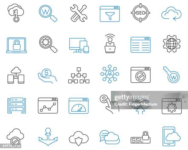 ilustraciones, imágenes clip art, dibujos animados e iconos de stock de iconos de internet y el desarrollo - hombre y máquina