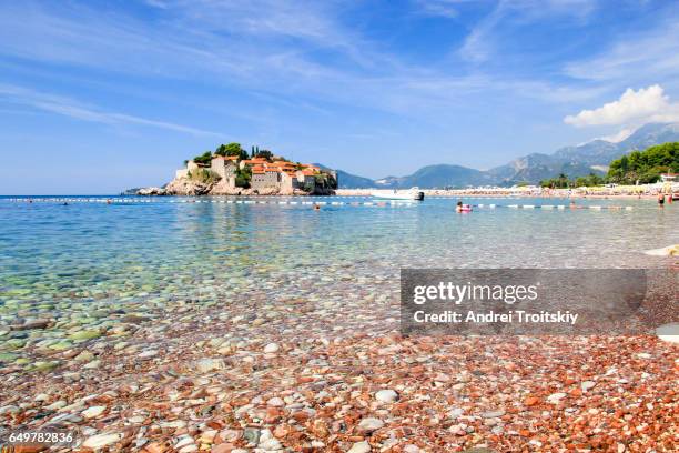 sveti stefan beach and island on the adriatic sea, montenegro - montenegro fotografías e imágenes de stock