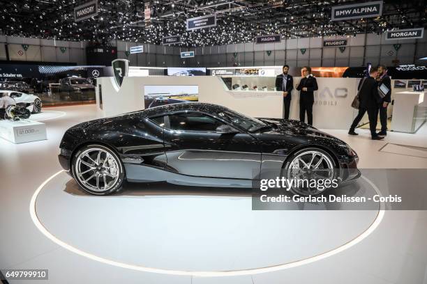 The Rimac Concept One on display during the second press day of the Geneva Motor Show 2017 at the Geneva Palexpo on March 8, 2017 in Geneva,...