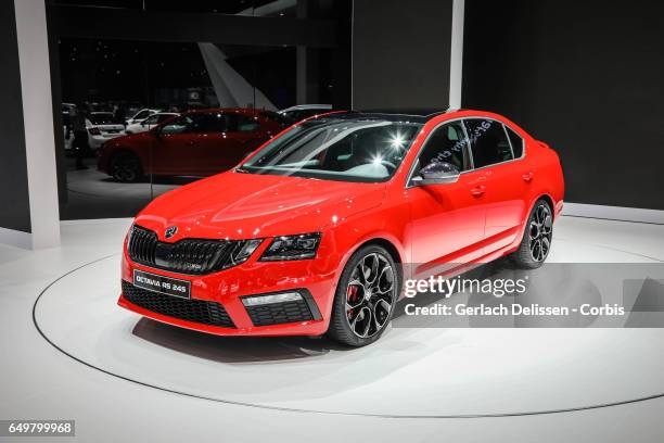 The Skoda Octavia RS 245 on display during the second press day of the Geneva Motor Show 2017 at the Geneva Palexpo on March 8, 2017 in Geneva,...