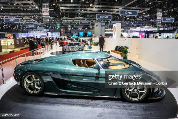 The Koenigsegg Regera on display during the second press day of the Geneva Motor Show 2017 at the Geneva Palexpo on March 8, 2017 in Geneva,...