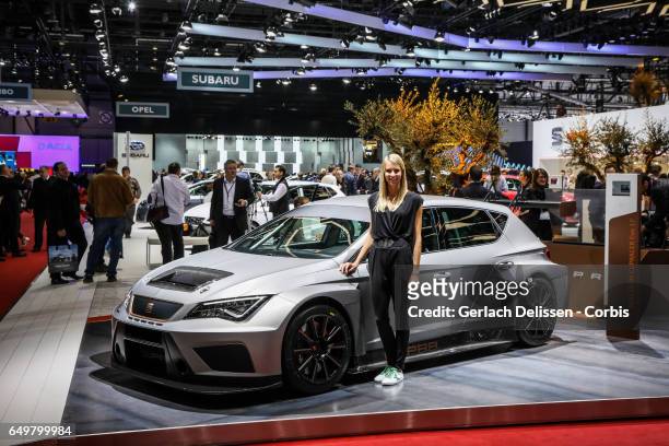 The Seat Leon Cupracer EVO 17 on display during the second press day of the Geneva Motor Show 2017 at the Geneva Palexpo on March 8, 2017 in Geneva,...