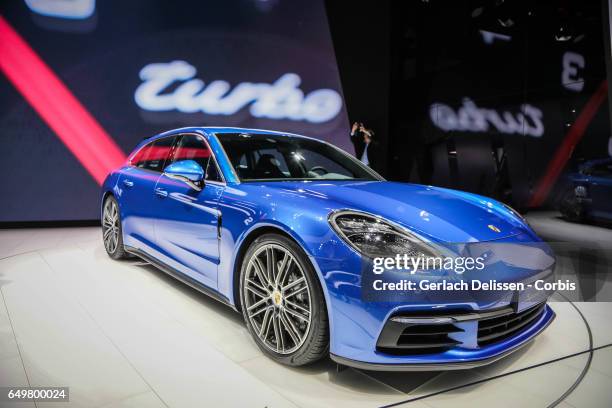 The Porsche Panamera Sport Tourismo on display during the second press day of the Geneva Motor Show 2017 at the Geneva Palexpo on March 8, 2017 in...