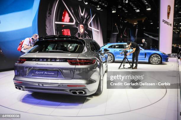 The Porsche Panamera Sport Tourismo on display during the second press day of the Geneva Motor Show 2017 at the Geneva Palexpo on March 8, 2017 in...