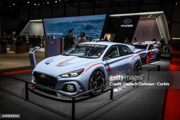 The Hyundai RN30 rally car concept on display during the second press day of the Geneva Motor Show 2017 at the Geneva Palexpo on March 8, 2017 in...