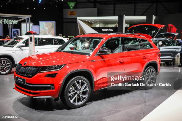 The Skoda Kodiaq on display during the second press day of the Geneva Motor Show 2017 at the Geneva Palexpo on March 8, 2017 in Geneva, Switzerland.