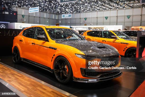 The Mansory Maserati Levante on display during the second press day of the Geneva Motor Show 2017 at the Geneva Palexpo on March 8, 2017 in Geneva,...