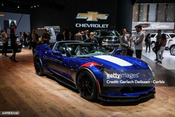 The Chevrolet Corvette Grand-Sport on display during the second press day of the Geneva Motor Show 2017 at the Geneva Palexpo on March 8, 2017 in...