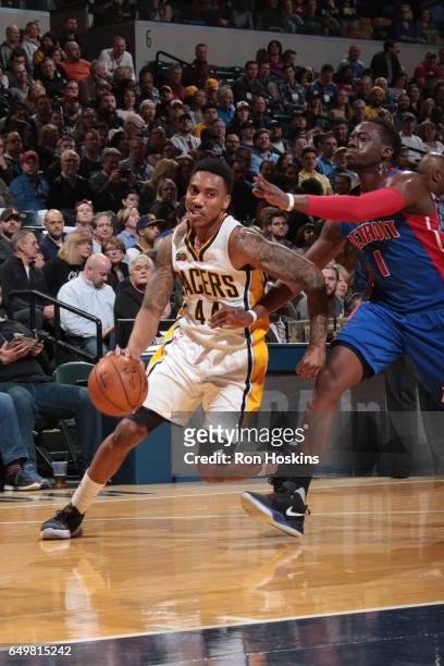 Jeff Teague of the Indiana Pacers handles the ball against the Detroit Pistons on March 8, 2017 at Bankers Life Fieldhouse in Indianapolis, Indiana....