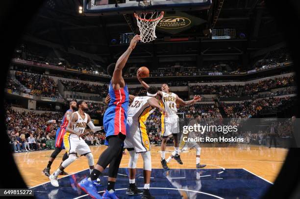 Jeff Teague of the Indiana Pacers shoots the ball against the Detroit Pistons on March 8, 2017 at Bankers Life Fieldhouse in Indianapolis, Indiana....