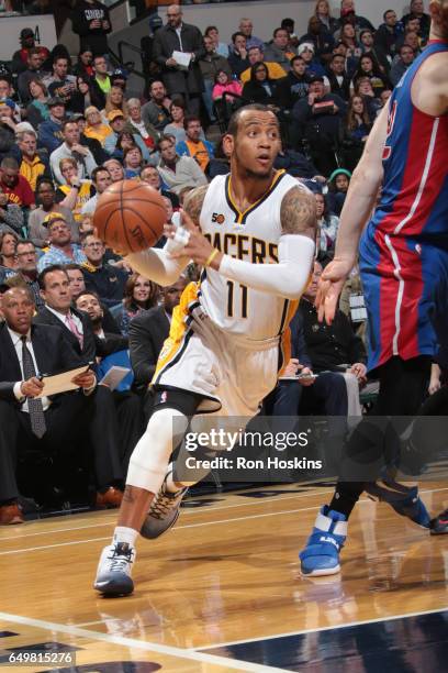 Monta Ellis of the Indiana Pacers handles the ball against the Detroit Pistons on March 8, 2017 at Bankers Life Fieldhouse in Indianapolis, Indiana....