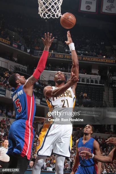 Thaddeus Young of the Indiana Pacers shoots the ball against the Detroit Pistons on March 8, 2017 at Bankers Life Fieldhouse in Indianapolis,...