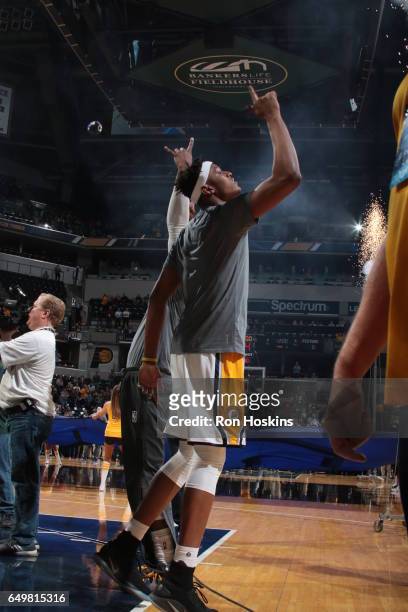 Myles Turner of the Indiana Pacers is introduced before the game against the Detroit Pistons on March 8, 2017 at Bankers Life Fieldhouse in...