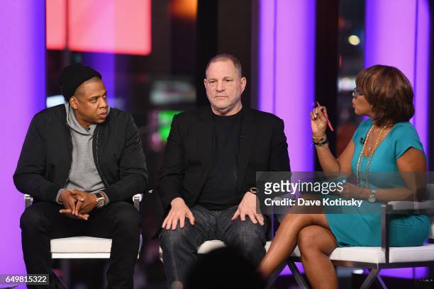 Jay Z, Harvey Weinstein, and Gayle King speak onstage during TIME AND PUNISHMENT: A Town Hall Discussion with JAY Z and Harvey Weinstein on Spike TV...
