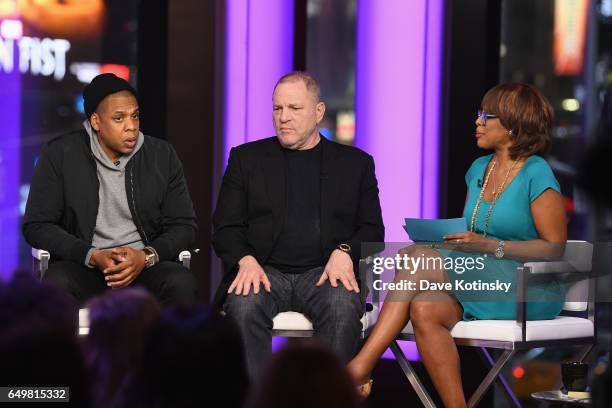 Jay Z, Harvey Weinstein, and Gayle King speak onstage during TIME AND PUNISHMENT: A Town Hall Discussion with JAY Z and Harvey Weinstein on Spike TV...