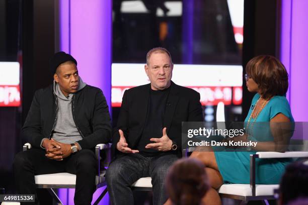 Jay Z, Harvey Weinstein, and Gayle King speak onstage during TIME AND PUNISHMENT: A Town Hall Discussion with JAY Z and Harvey Weinstein on Spike TV...