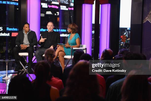 Jay Z, Harvey Weinstein, and Gayle King speak onstage during TIME AND PUNISHMENT: A Town Hall Discussion with JAY Z and Harvey Weinstein on Spike TV...