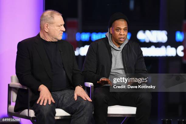 Harvey Weinstein, and Jay Z speak onstage during TIME AND PUNISHMENT: A Town Hall Discussion with JAY Z and Harvey Weinstein on Spike TV at MTV...